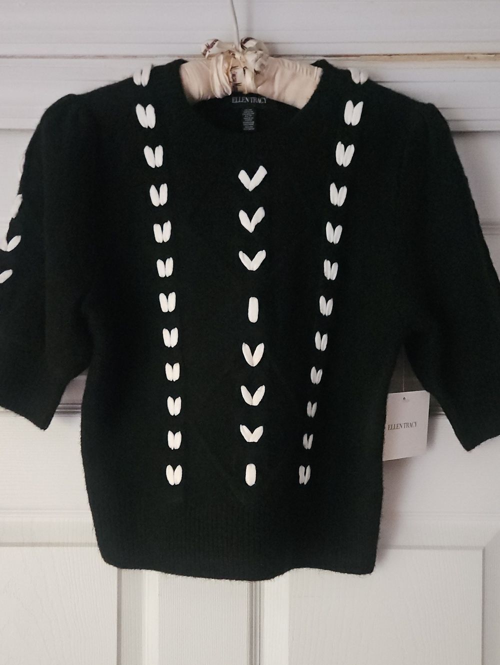 Ellen Tracy Black Crewneck Sweater with White Stitch Detailing